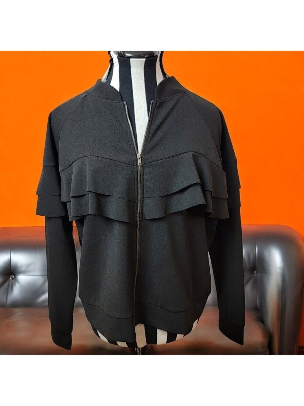 Emelia Black Ruffle Trim Zip Up Stretch Professional Jacket - SIze S
